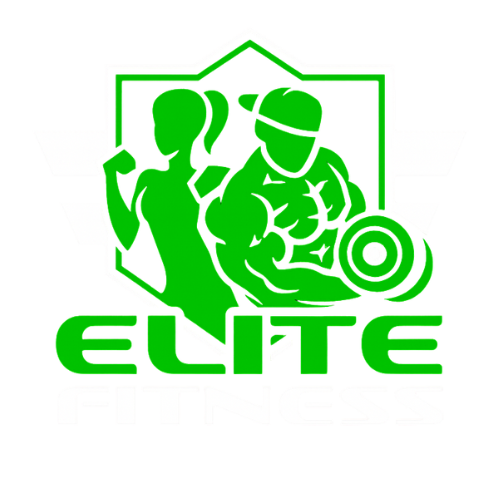 Green Elite fitness logo with muscular silhouettes and weight
